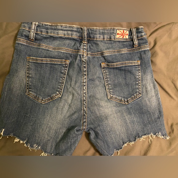 Juniors High Waisted Ripped Raw Hem Blue Jean Shorts - Picture 2 of 3